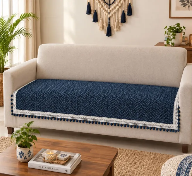 Royal Navy Blue Woven Chenille Sofa Panel with Embroidered Lace & Pompom Trim (73